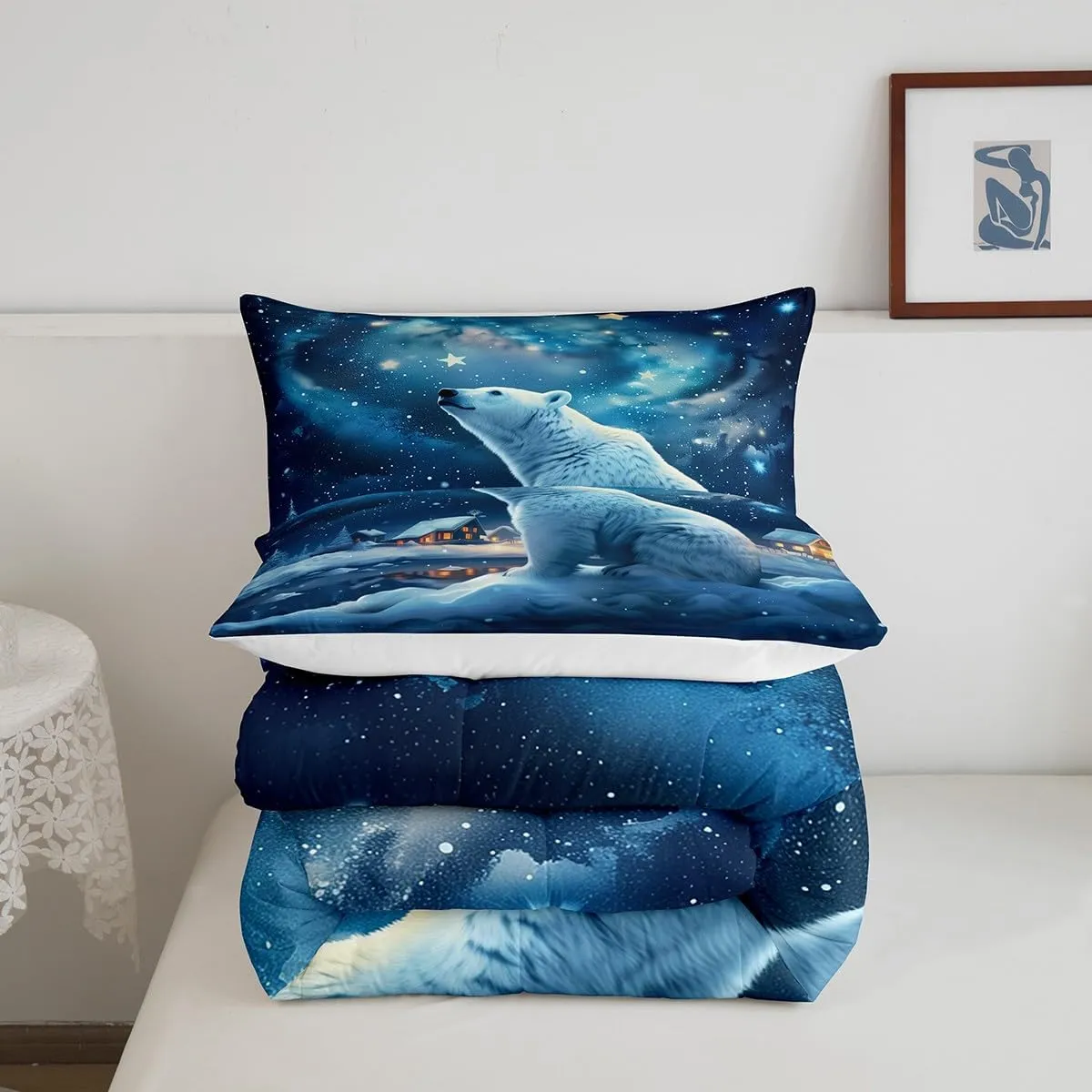 Polar Bear Comforter Set Full Size,Winter Snow Scenery Bedding Set 3Pcs,Dreamy Starry Sky Night Quilt Set for Kids Boys Girls Teens Room Decor,Rustic Cabin House Duvet Insert,2 Pillowcases