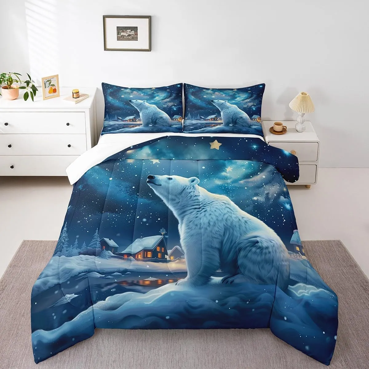 Polar Bear Comforter Set Full Size,Winter Snow Scenery Bedding Set 3Pcs,Dreamy Starry Sky Night Quilt Set for Kids Boys Girls Teens Room Decor,Rustic Cabin House Duvet Insert,2 Pillowcases