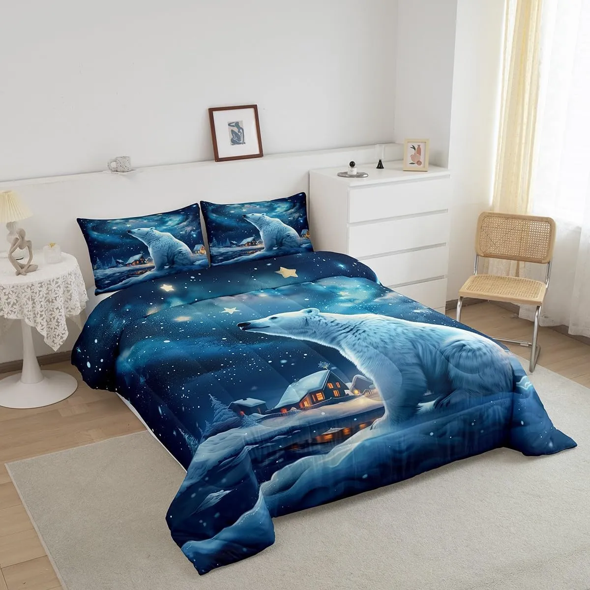 Polar Bear Comforter Set Full Size,Winter Snow Scenery Bedding Set 3Pcs,Dreamy Starry Sky Night Quilt Set for Kids Boys Girls Teens Room Decor,Rustic Cabin House Duvet Insert,2 Pillowcases