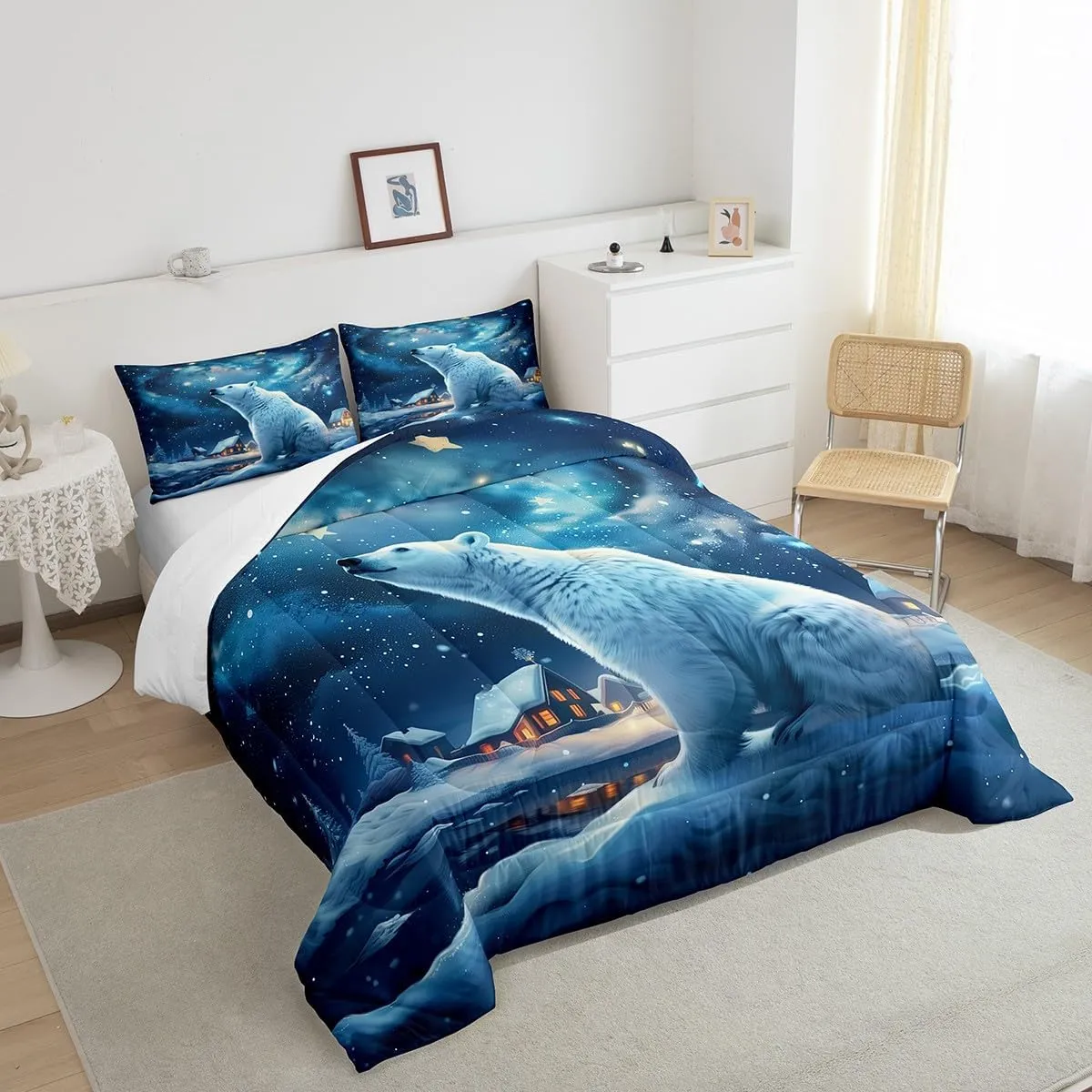 Polar Bear Comforter Set Full Size,Winter Snow Scenery Bedding Set 3Pcs,Dreamy Starry Sky Night Quilt Set for Kids Boys Girls Teens Room Decor,Rustic Cabin House Duvet Insert,2 Pillowcases