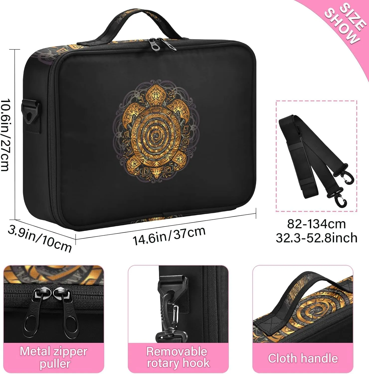 Polynesian Golden Tribal Sea Turtle Tattoo on Black Toned Maori Women's Portable Makeup Bag with Handle, Cosmetic Bag, Adjustable Dividers, Travel Cosmetic Toiletry Storage Organizer for women