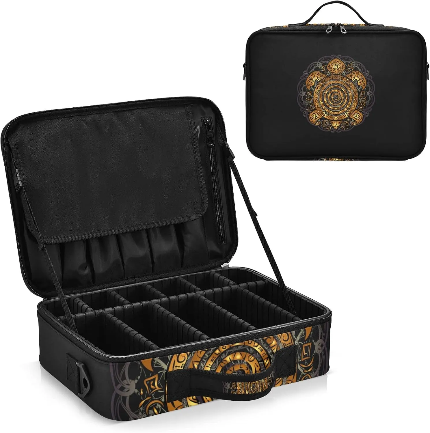 Polynesian Golden Tribal Sea Turtle Tattoo on Black Toned Maori Women's Portable Makeup Bag with Handle, Cosmetic Bag, Adjustable Dividers, Travel Cosmetic Toiletry Storage Organizer for women