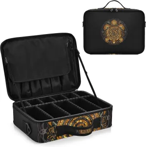 Polynesian Golden Tribal Sea Turtle Tattoo on Black Toned Maori Women's Portable Makeup Bag with Handle, Cosmetic Bag, Adjustable Dividers, Travel Cosmetic Toiletry Storage Organizer for women