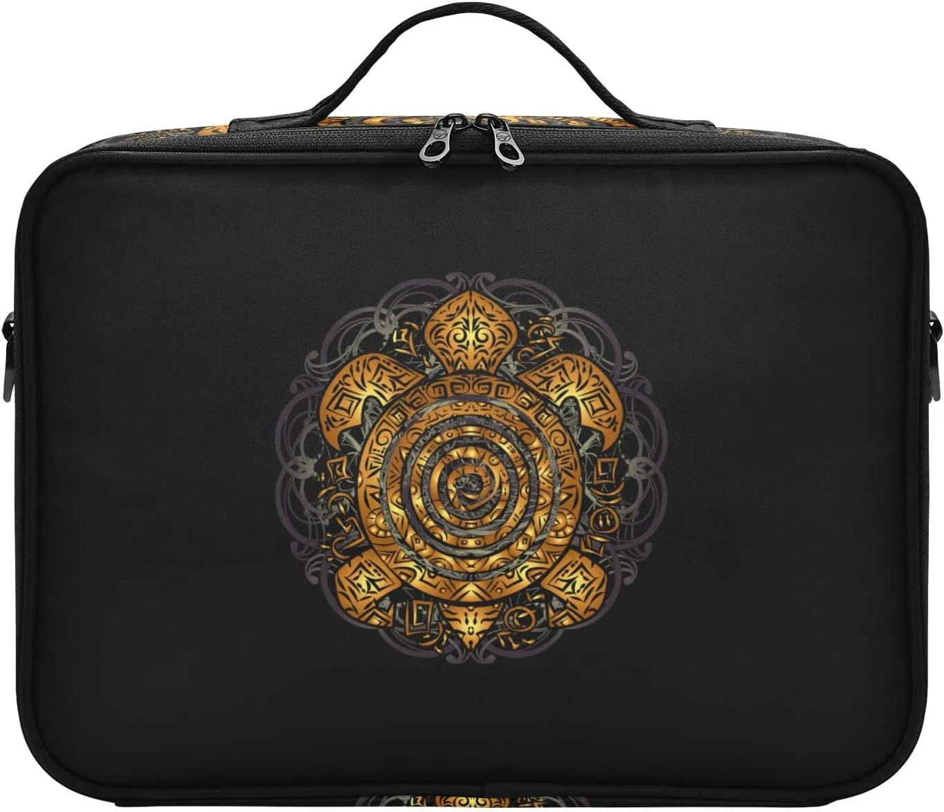 Polynesian Golden Tribal Sea Turtle Tattoo on Black Toned Maori Women's Portable Makeup Bag with Handle, Cosmetic Bag, Adjustable Dividers, Travel Cosmetic Toiletry Storage Organizer for women
