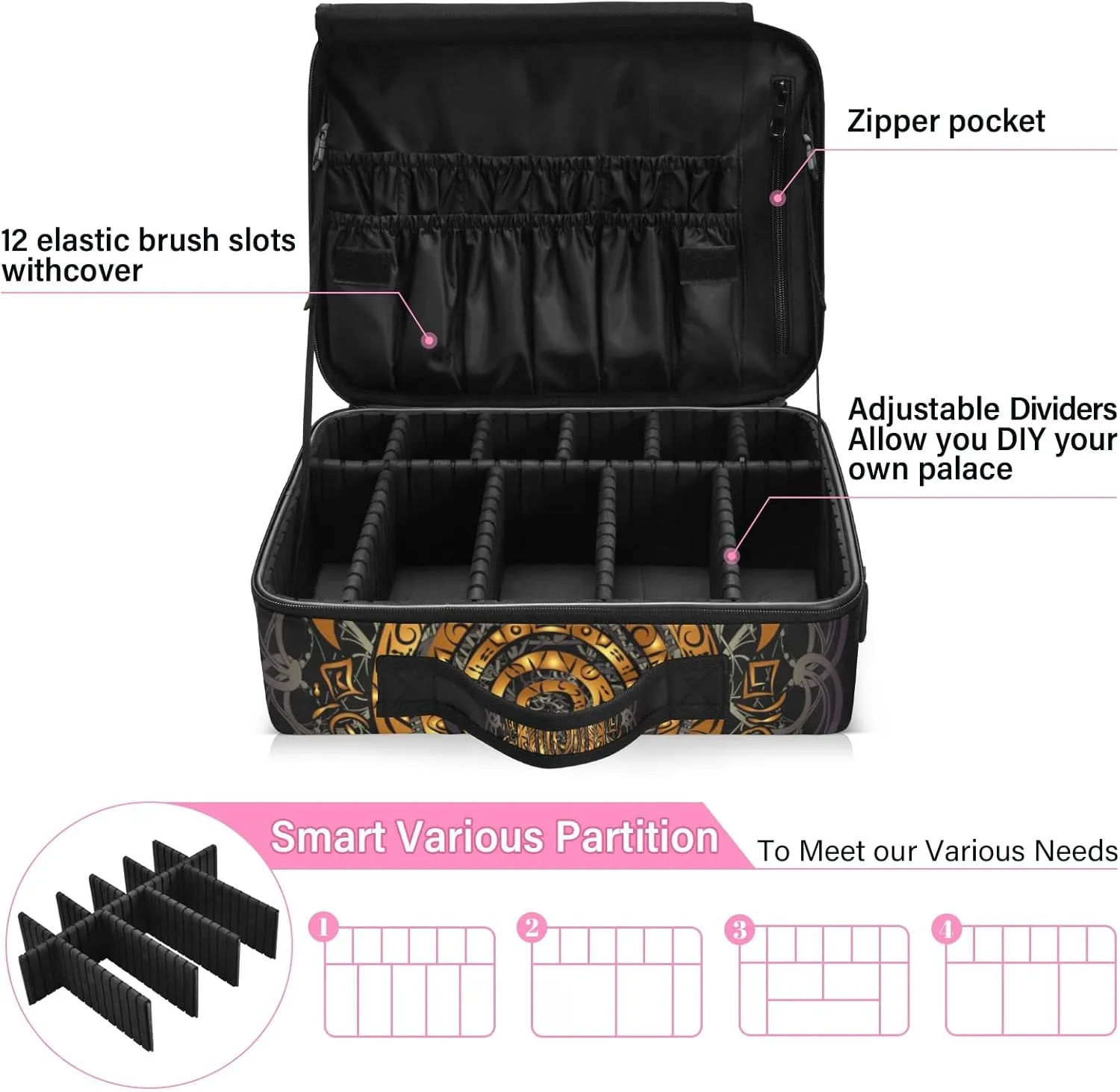 Polynesian Golden Tribal Sea Turtle Tattoo on Black Toned Maori Women's Portable Makeup Bag with Handle, Cosmetic Bag, Adjustable Dividers, Travel Cosmetic Toiletry Storage Organizer for women