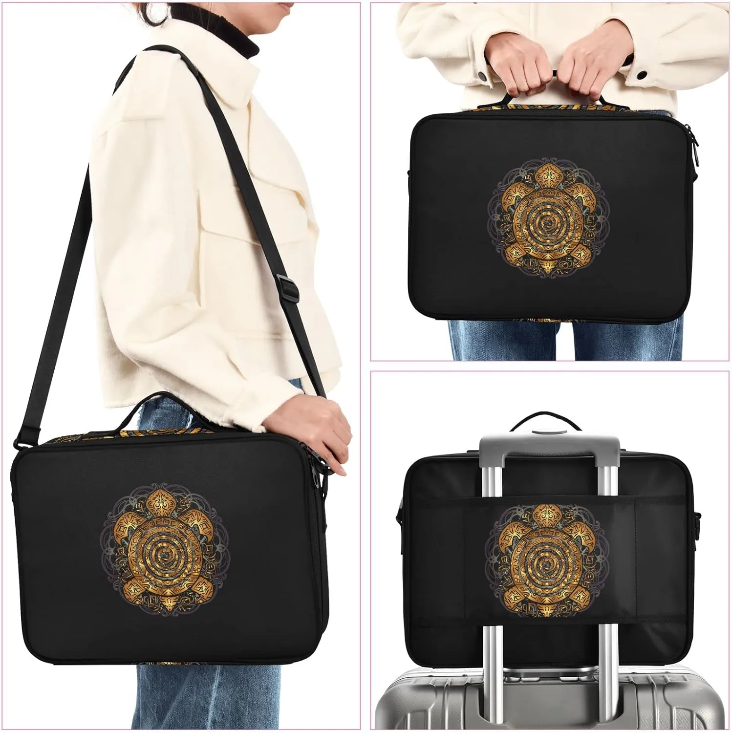Polynesian Golden Tribal Sea Turtle Tattoo on Black Toned Maori Women's Portable Makeup Bag with Handle, Cosmetic Bag, Adjustable Dividers, Travel Cosmetic Toiletry Storage Organizer for women