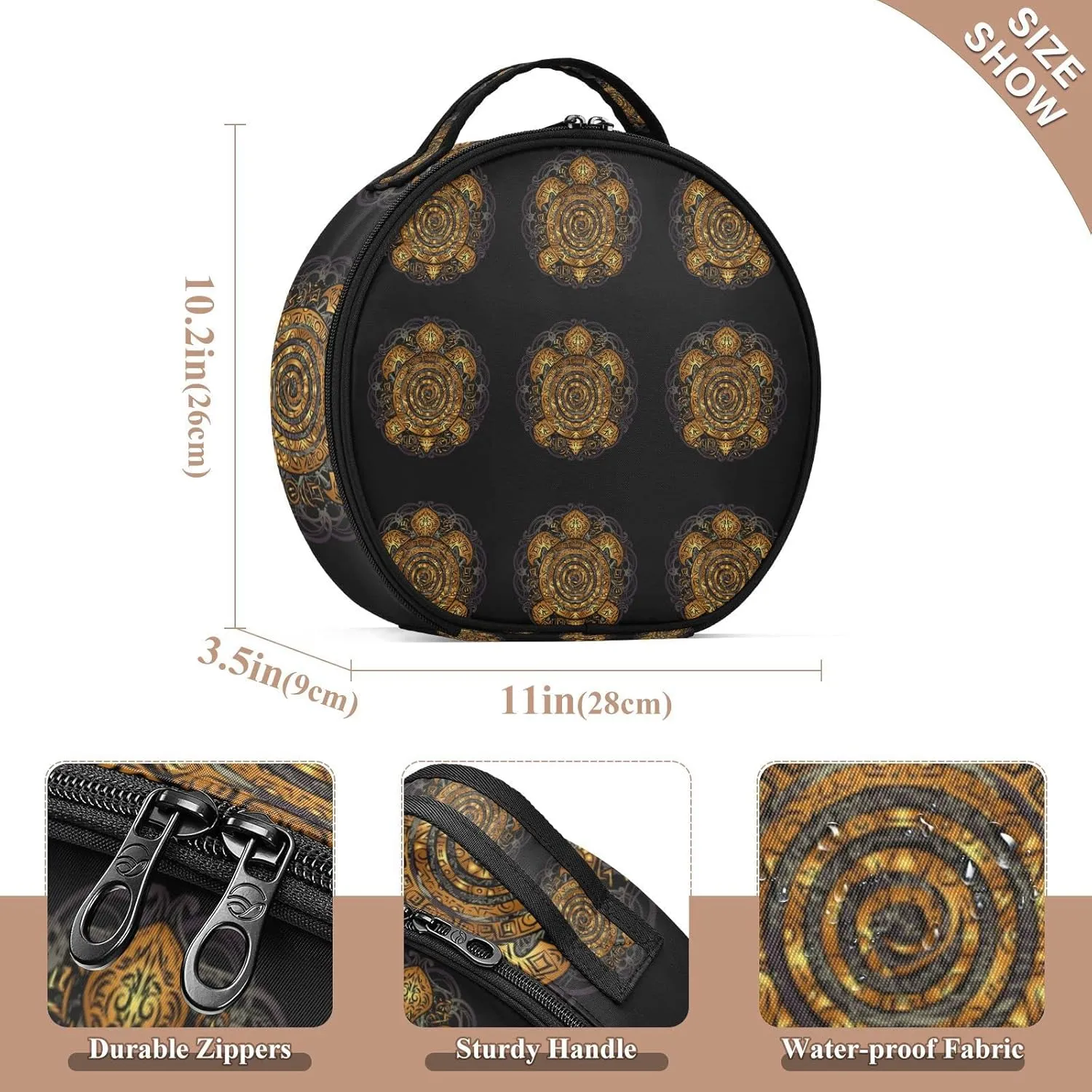 Polynesian Golden Tribal Sea Turtle Tattoo on Black Toned Maori Women's Portable Round Makeup Bag with Handle, Cosmetic Bag, Adjustable Dividers, Travel Cosmetic Storage 11 x 3.5 x 10 inch