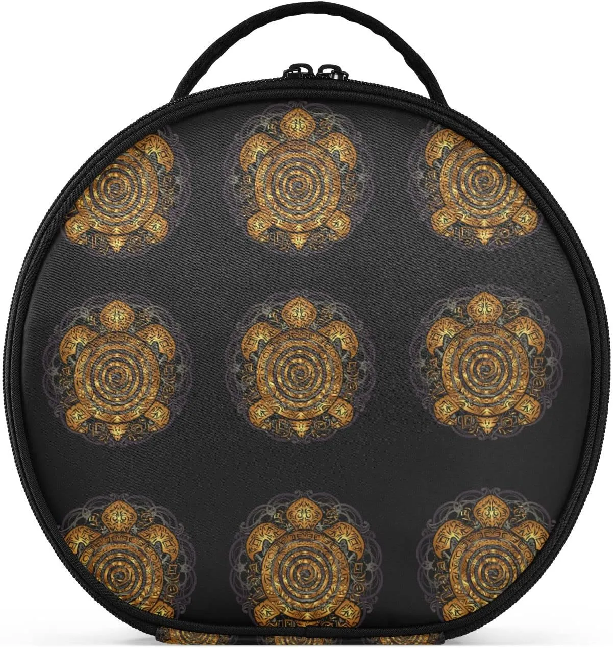 Polynesian Golden Tribal Sea Turtle Tattoo on Black Toned Maori Women's Portable Round Makeup Bag with Handle, Cosmetic Bag, Adjustable Dividers, Travel Cosmetic Storage 11 x 3.5 x 10 inch