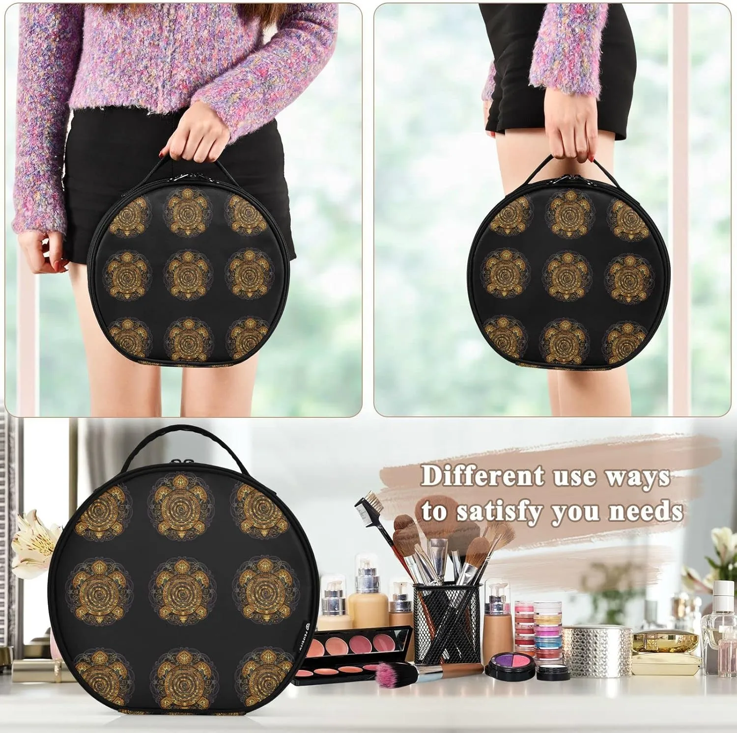 Polynesian Golden Tribal Sea Turtle Tattoo on Black Toned Maori Women's Portable Round Makeup Bag with Handle, Cosmetic Bag, Adjustable Dividers, Travel Cosmetic Storage 11 x 3.5 x 10 inch