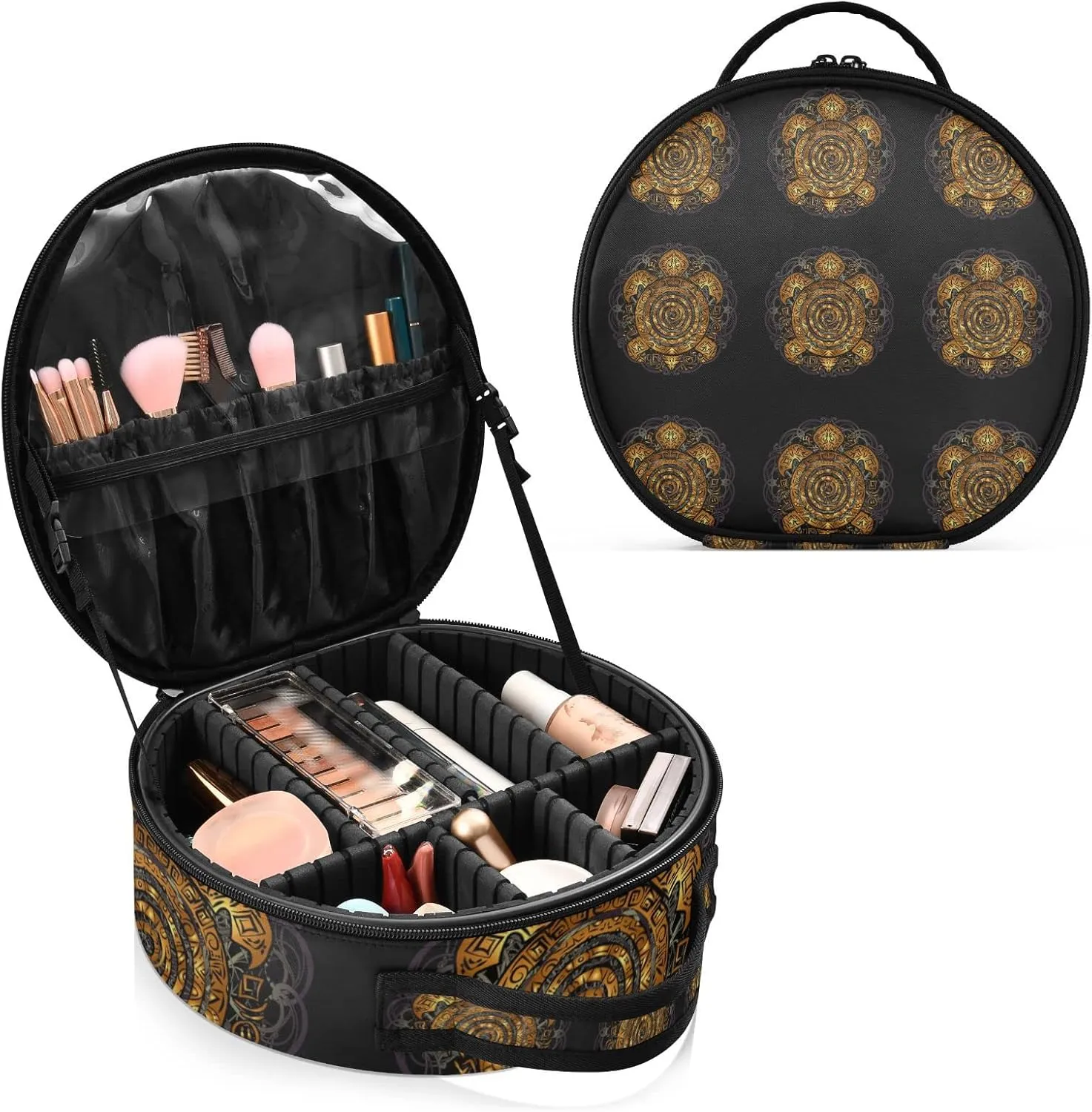 Polynesian Golden Tribal Sea Turtle Tattoo on Black Toned Maori Women's Portable Round Makeup Bag with Handle, Cosmetic Bag, Adjustable Dividers, Travel Cosmetic Storage 11 x 3.5 x 10 inch
