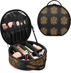 Polynesian Golden Tribal Sea Turtle Tattoo on Black Toned Maori Women's Portable Round Makeup Bag with Handle, Cosmetic Bag, Adjustable Dividers, Travel Cosmetic Storage 11 x 3.5 x 10 inch