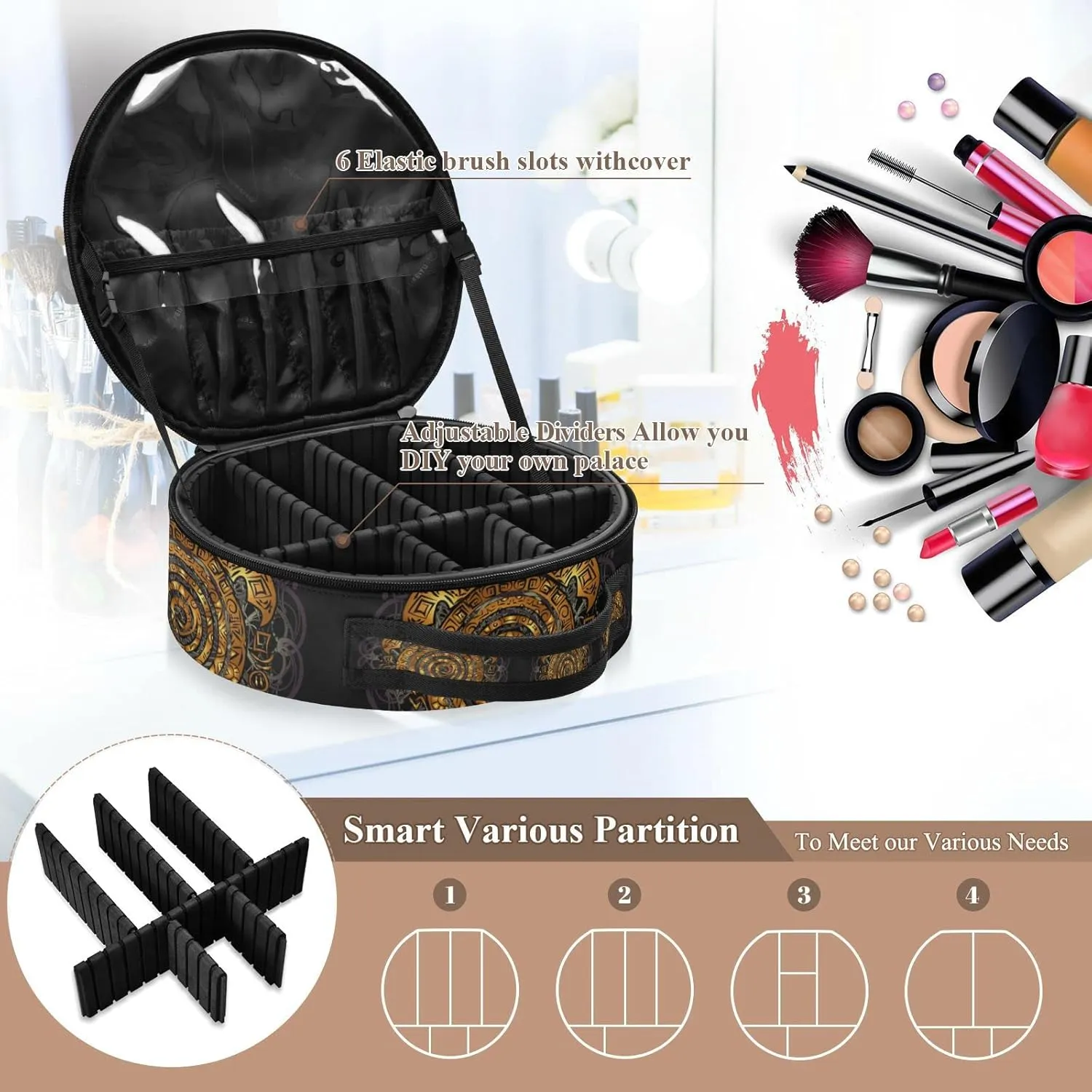 Polynesian Golden Tribal Sea Turtle Tattoo on Black Toned Maori Women's Portable Round Makeup Bag with Handle, Cosmetic Bag, Adjustable Dividers, Travel Cosmetic Storage 11 x 3.5 x 10 inch