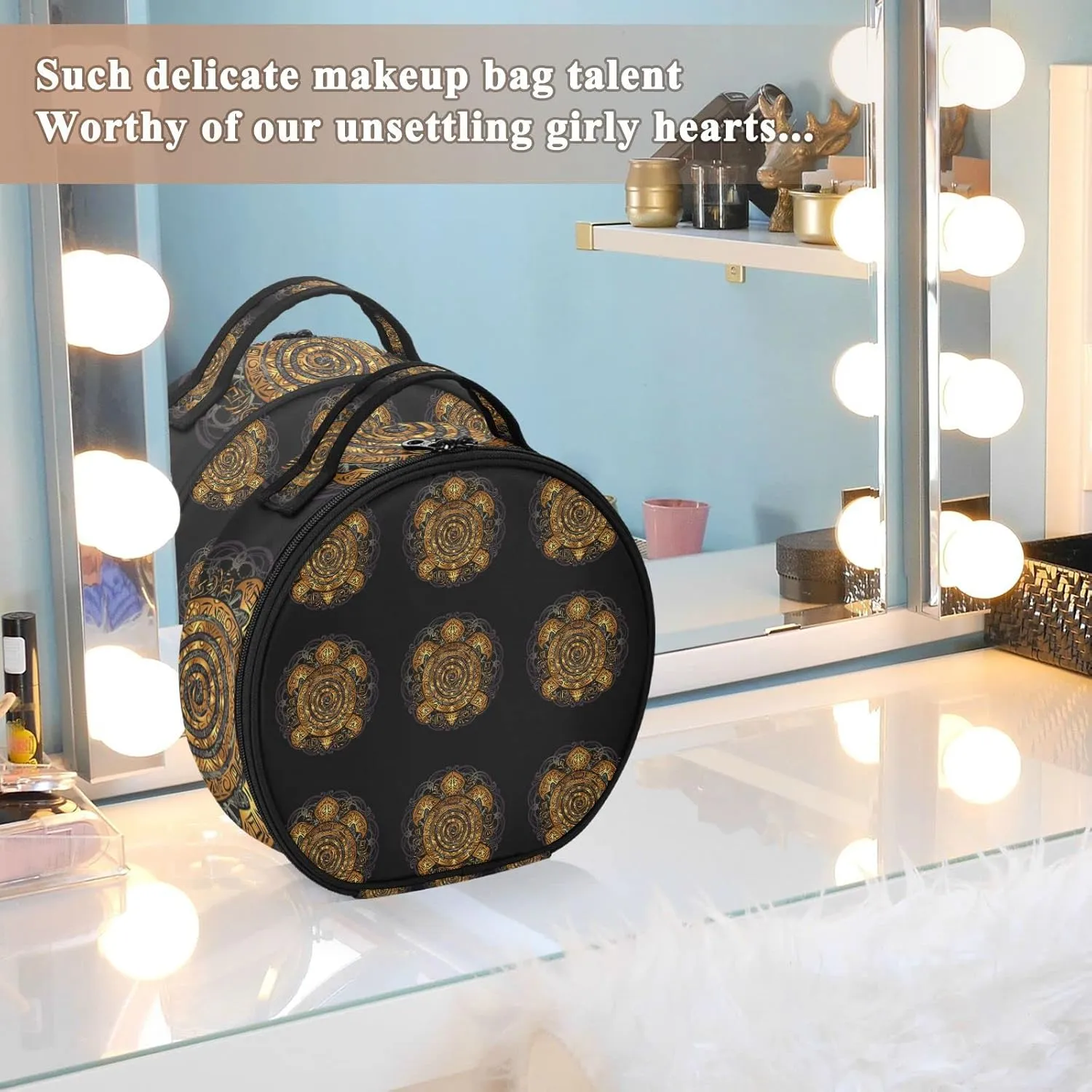 Polynesian Golden Tribal Sea Turtle Tattoo on Black Toned Maori Women's Portable Round Makeup Bag with Handle, Cosmetic Bag, Adjustable Dividers, Travel Cosmetic Storage 11 x 3.5 x 10 inch