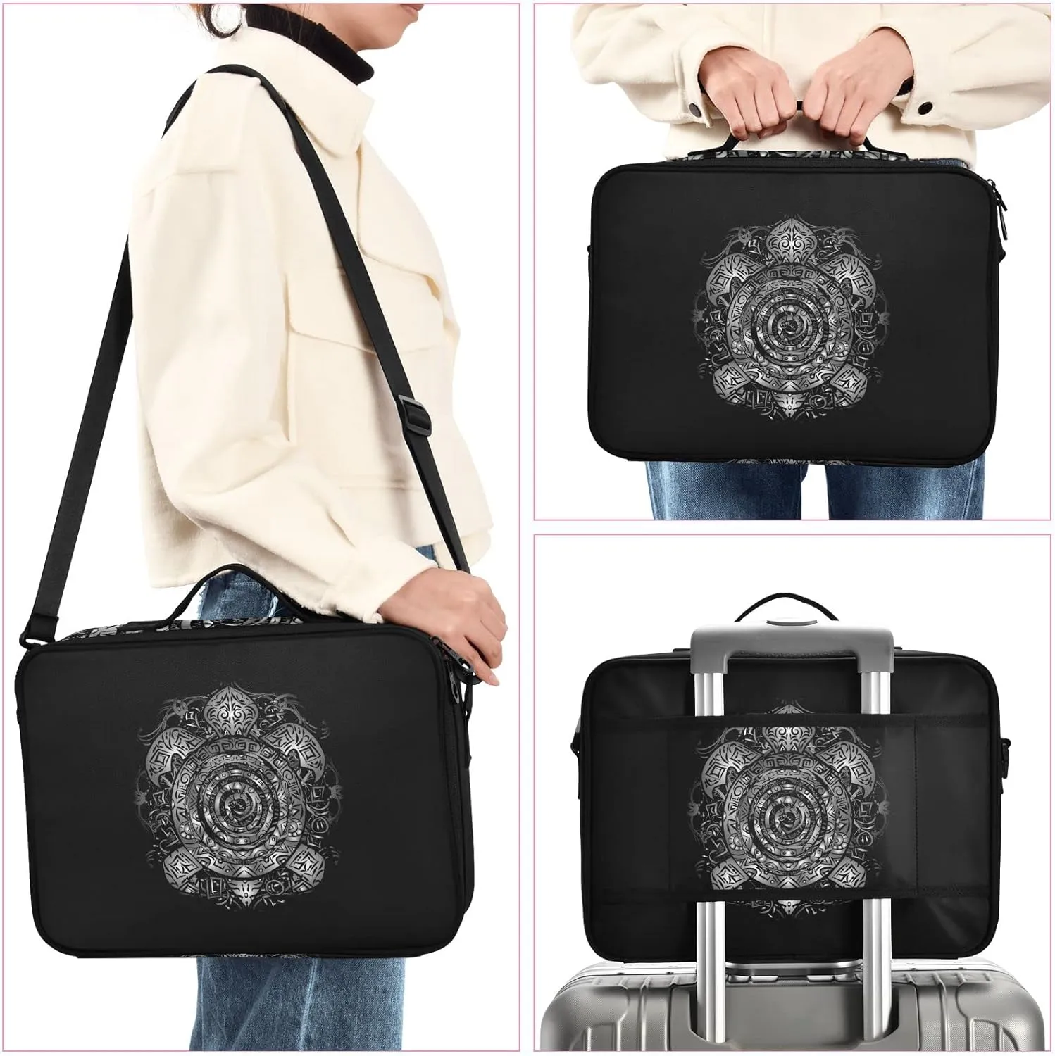Polynesian Silver Tribal Sea Turtle Tattoo on Black Toned Maori Women's Portable Makeup Bag with Handle, Cosmetic Bag, Adjustable Dividers, Travel Cosmetic Toiletry Storage Organizer for women