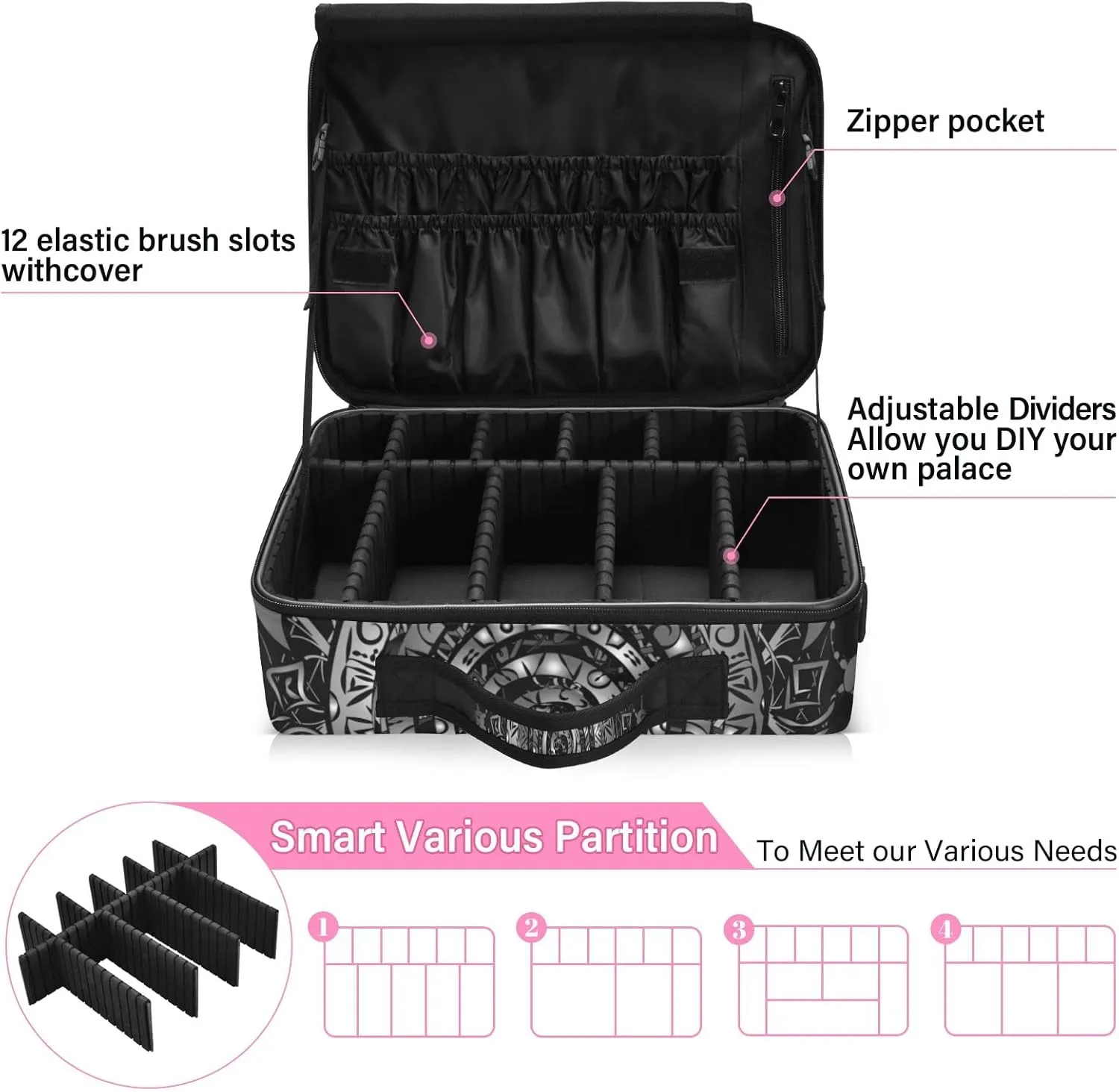 Polynesian Silver Tribal Sea Turtle Tattoo on Black Toned Maori Women's Portable Makeup Bag with Handle, Cosmetic Bag, Adjustable Dividers, Travel Cosmetic Toiletry Storage Organizer for women