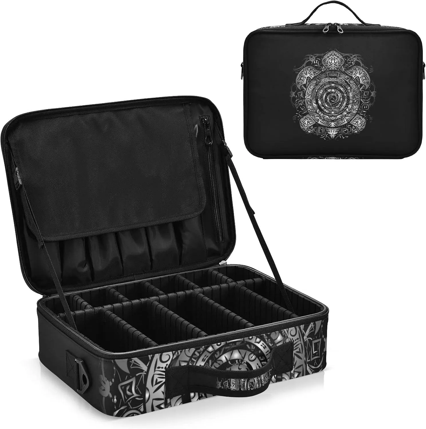 Polynesian Silver Tribal Sea Turtle Tattoo on Black Toned Maori Women's Portable Makeup Bag with Handle, Cosmetic Bag, Adjustable Dividers, Travel Cosmetic Toiletry Storage Organizer for women