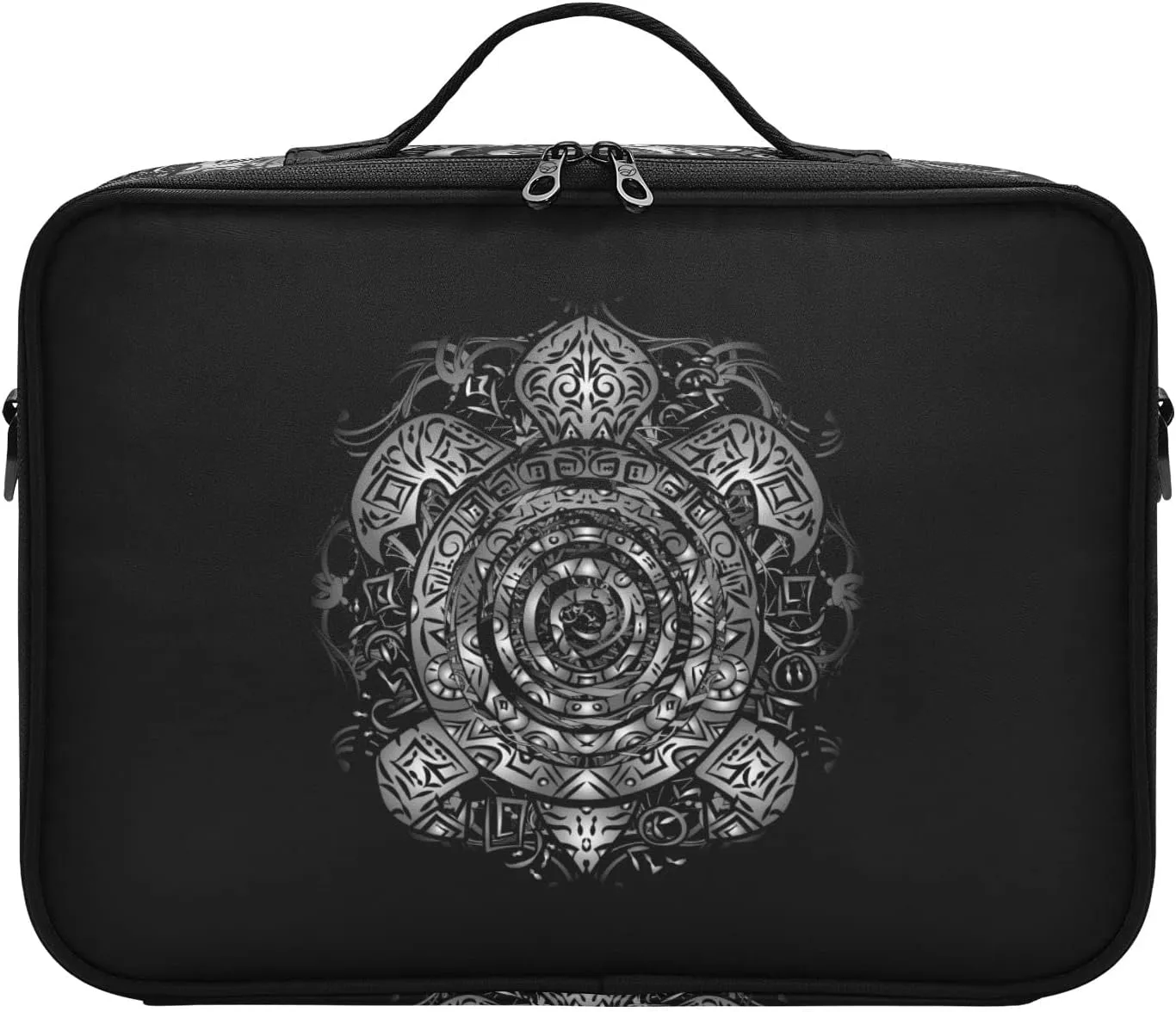 Polynesian Silver Tribal Sea Turtle Tattoo on Black Toned Maori Women's Portable Makeup Bag with Handle, Cosmetic Bag, Adjustable Dividers, Travel Cosmetic Toiletry Storage Organizer for women