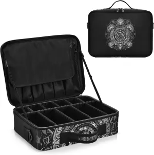Polynesian Silver Tribal Sea Turtle Tattoo on Black Toned Maori Women's Portable Makeup Bag with Handle, Cosmetic Bag, Adjustable Dividers, Travel Cosmetic Toiletry Storage Organizer for women