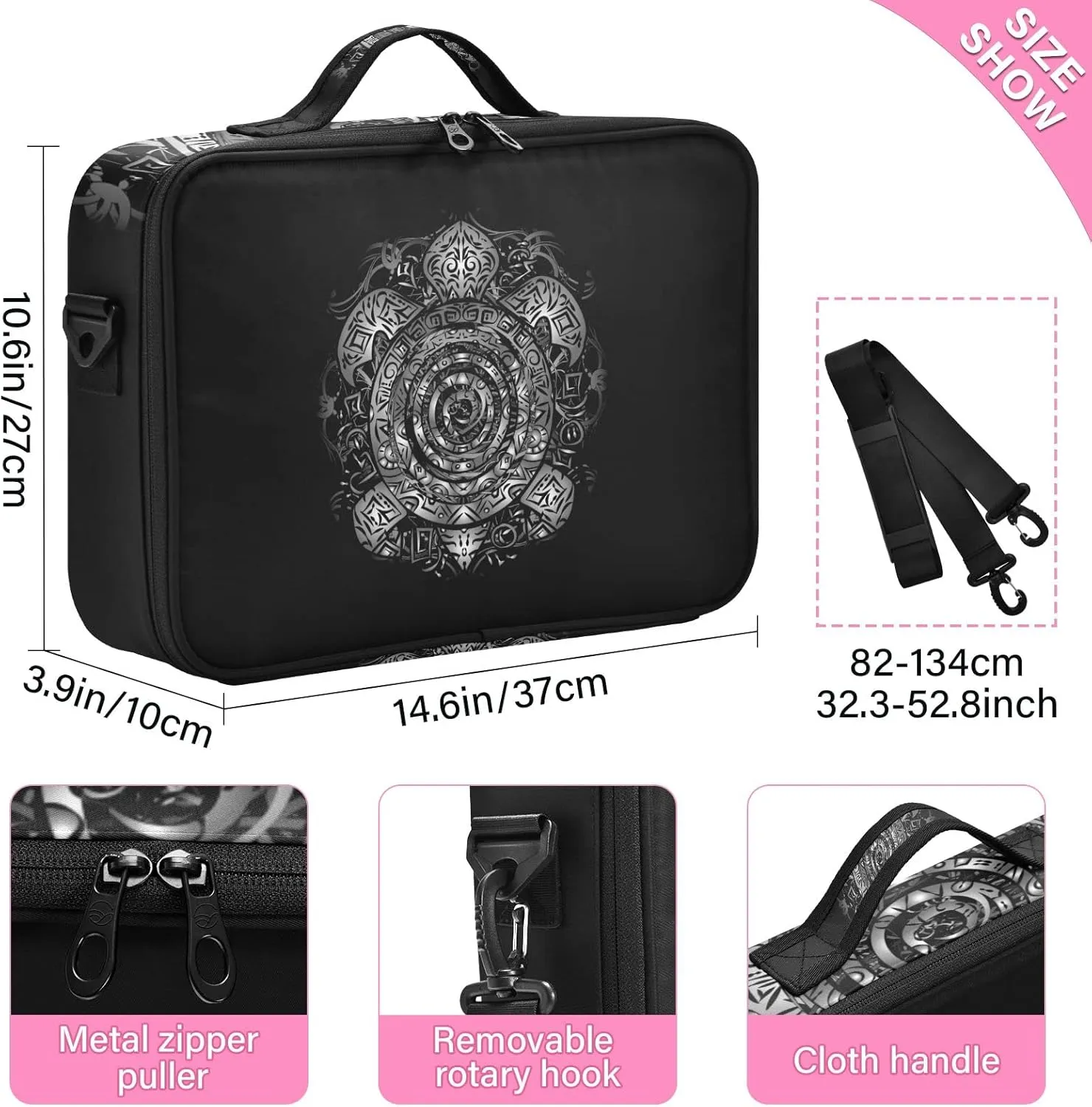 Polynesian Silver Tribal Sea Turtle Tattoo on Black Toned Maori Women's Portable Makeup Bag with Handle, Cosmetic Bag, Adjustable Dividers, Travel Cosmetic Toiletry Storage Organizer for women
