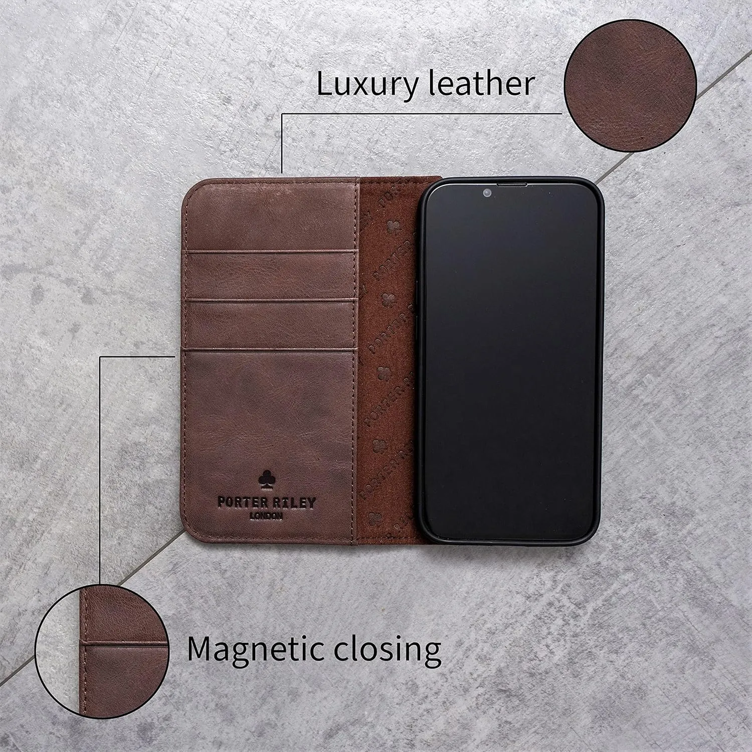 Porter Riley - Leather Case for iPhone X/iPhone Xs. Premium Genuine Leather Stand/Cover/Wallet/Flip Case (Chocolate Brown)