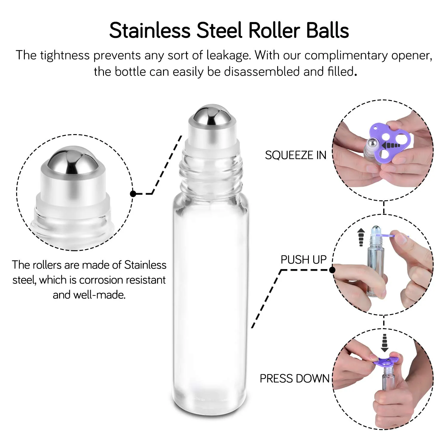 PrettyCare 24 Pack, 10 ml Essential Oil Roller Bottles with Stainless Steel Roller Ball - Refillable Leak-proof Empty Thick Clear Glass Roll on Bottles with Metal Caps for Travel, Perfume