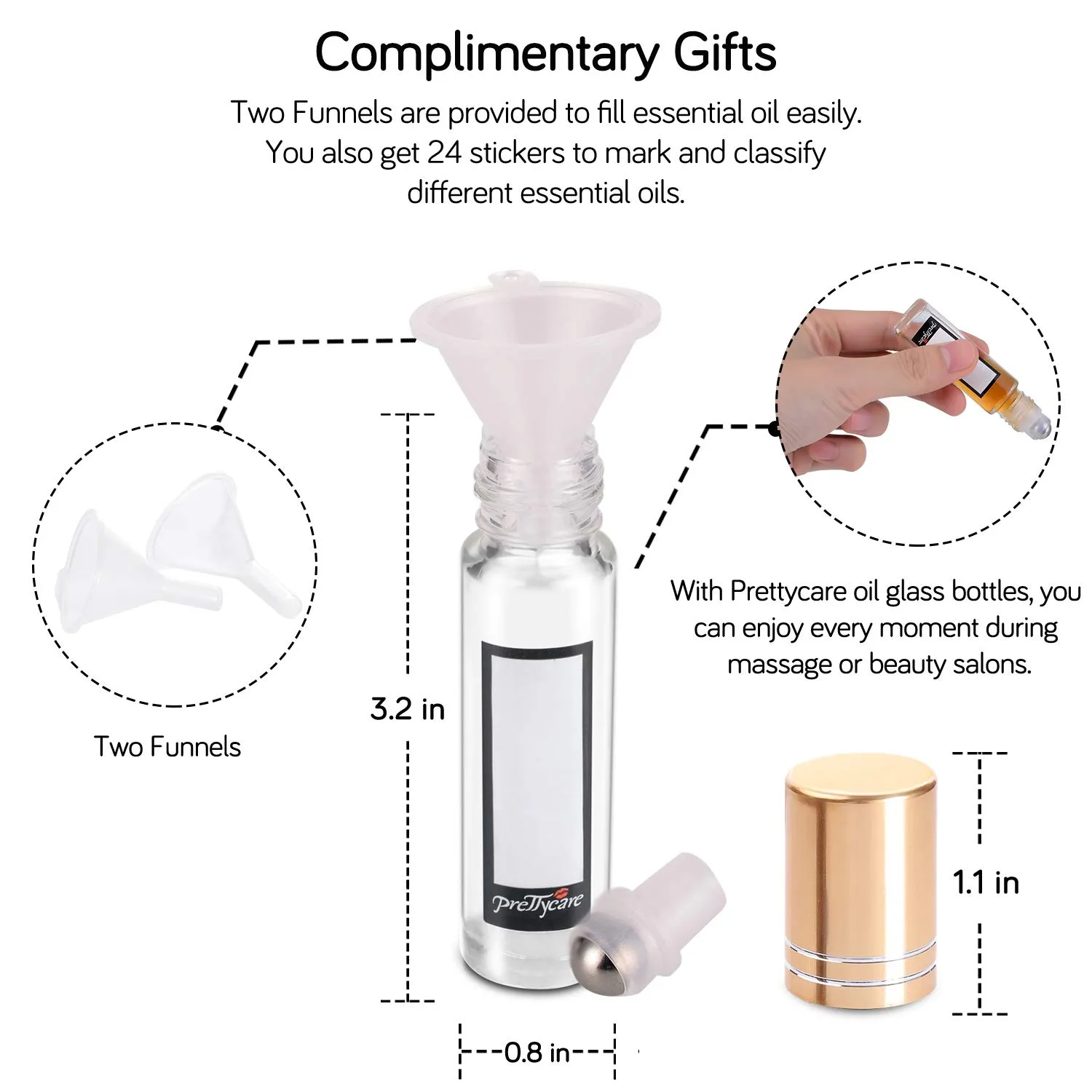 PrettyCare 24 Pack, 10 ml Essential Oil Roller Bottles with Stainless Steel Roller Ball - Refillable Leak-proof Empty Thick Clear Glass Roll on Bottles with Metal Caps for Travel, Perfume