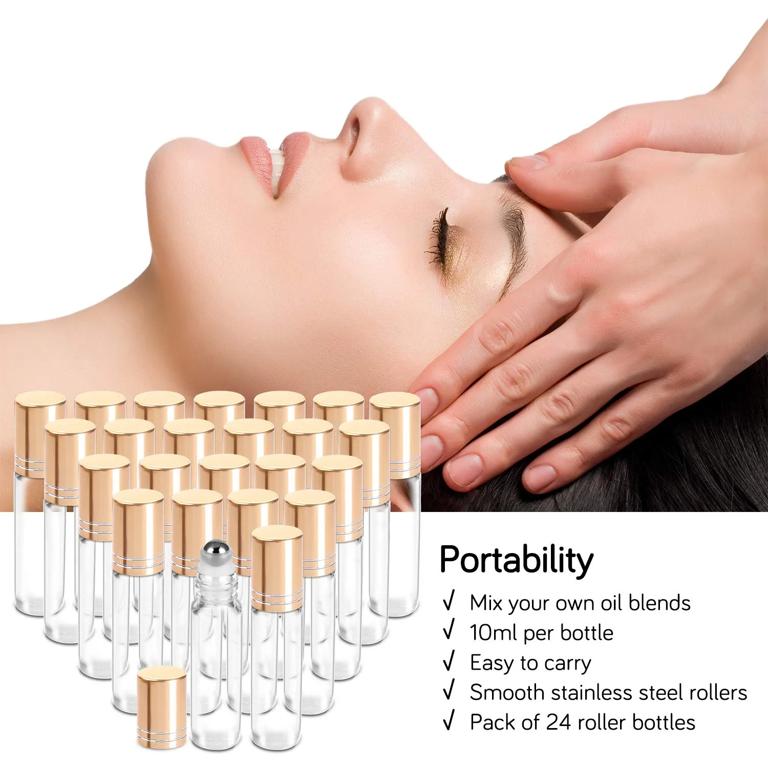 PrettyCare 24 Pack, 10 ml Essential Oil Roller Bottles with Stainless Steel Roller Ball - Refillable Leak-proof Empty Thick Clear Glass Roll on Bottles with Metal Caps for Travel, Perfume