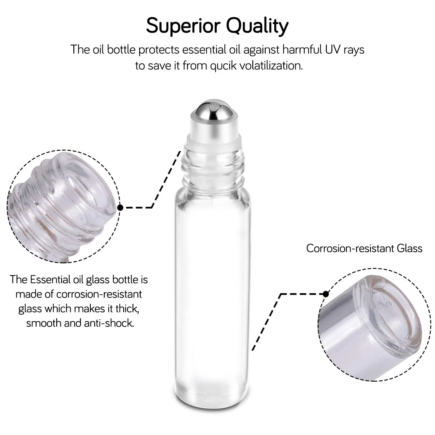 PrettyCare 24 Pack, 10 ml Essential Oil Roller Bottles with Stainless Steel Roller Ball - Refillable Leak-proof Empty Thick Clear Glass Roll on Bottles with Metal Caps for Travel, Perfume