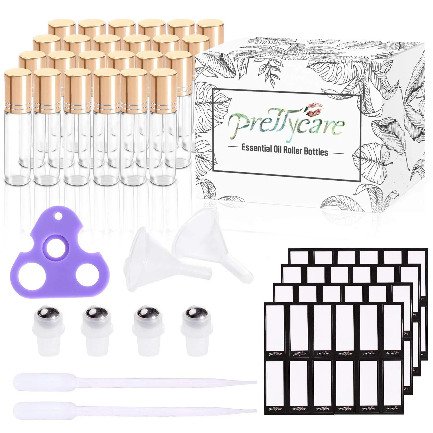 PrettyCare 24 Pack, 10 ml Essential Oil Roller Bottles with Stainless Steel Roller Ball - Refillable Leak-proof Empty Thick Clear Glass Roll on Bottles with Metal Caps for Travel, Perfume