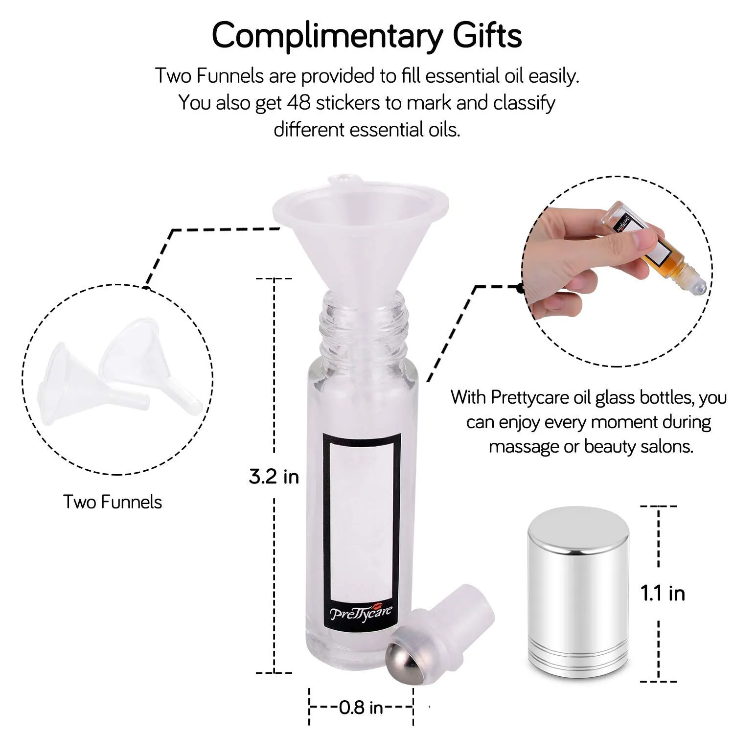 PrettyCare Set of 60, 10 ml Essential Oil Roller Bottles with Stainless Steel Roller Ball - Bulk Refillable Leak-proof Empty Clear Glass Roll on Bottles with Silver Metal Caps for Travel, Perfume