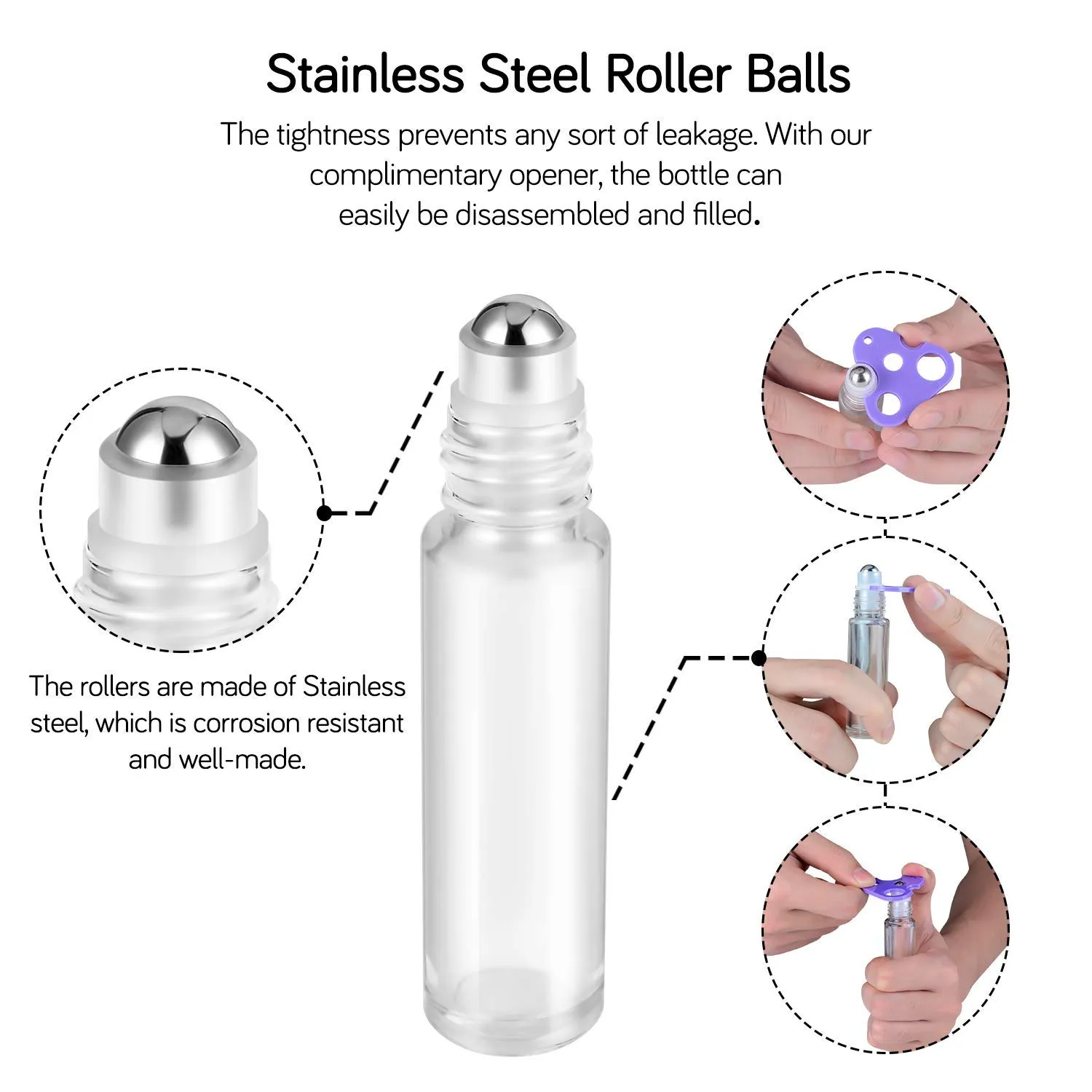 PrettyCare Set of 60, 10 ml Essential Oil Roller Bottles with Stainless Steel Roller Ball - Bulk Refillable Leak-proof Empty Clear Glass Roll on Bottles with Silver Metal Caps for Travel, Perfume