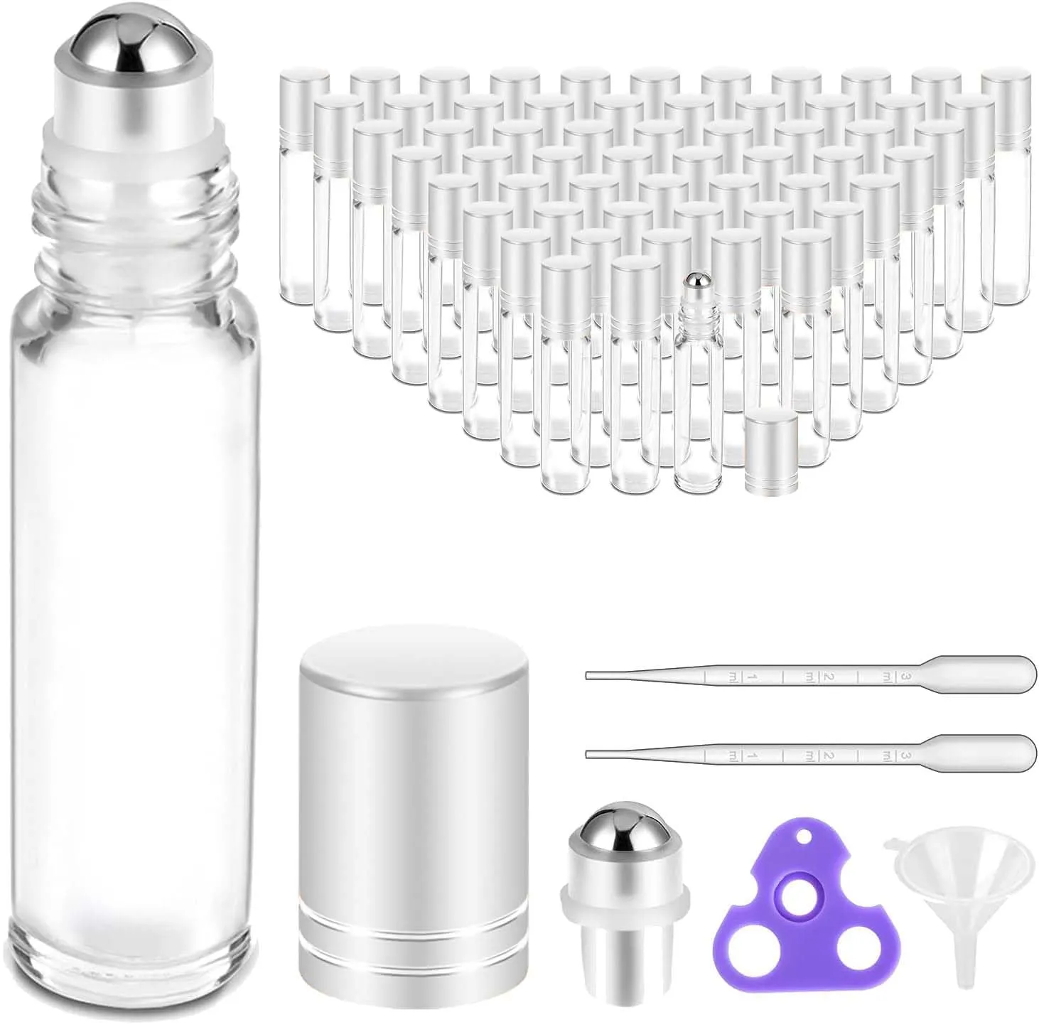 PrettyCare Set of 60, 10 ml Essential Oil Roller Bottles with Stainless Steel Roller Ball - Bulk Refillable Leak-proof Empty Clear Glass Roll on Bottles with Silver Metal Caps for Travel, Perfume