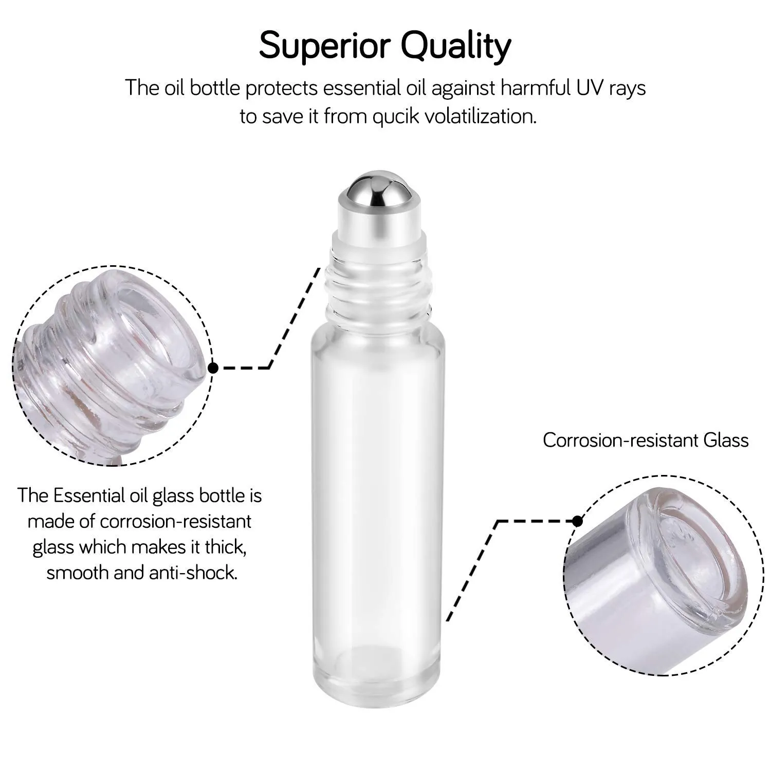 PrettyCare Set of 60, 10 ml Essential Oil Roller Bottles with Stainless Steel Roller Ball - Bulk Refillable Leak-proof Empty Clear Glass Roll on Bottles with Silver Metal Caps for Travel, Perfume