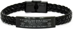Production Manager Braided Leather Bracelet, If at first you don't succeed, try doing what your athletic trainer told you to do the first time., Laser Engraved, Stainless Steel Wristband