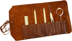 Proportional Divider Set of 5, Full Brass dividers with Executive Handmade Leather Roll Tools Bag, Single Handed 8" Brass Navigation Dividers Compass Set