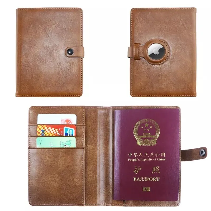 PU Leather Travel Passport & Card Holder with a Slot For AirTag - Brown