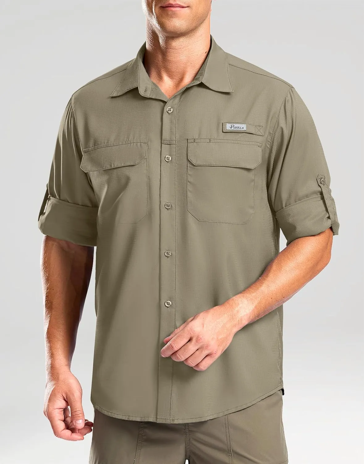 Pudolla Men's Sun Protection Fishing Shirt Lightweight Long Sleeve UPF 50  Hiking Shirt for Men Outdoor Travel with Pockets