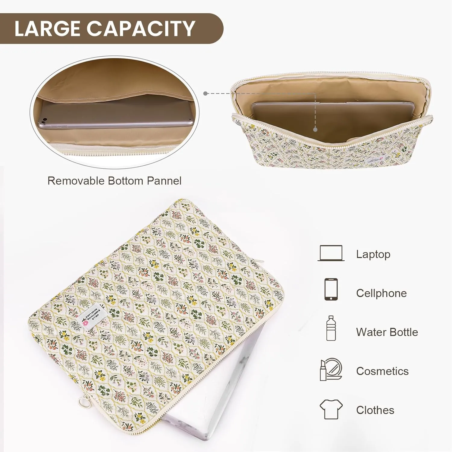 Puffy Laptop Sleeve Case Cute Computer Bag, 14 Inch Flower Printed Quilted Laptop Carrying Cases, Protective Floral Soft Padded Cover Accessories, Compatible with 14" Notebook