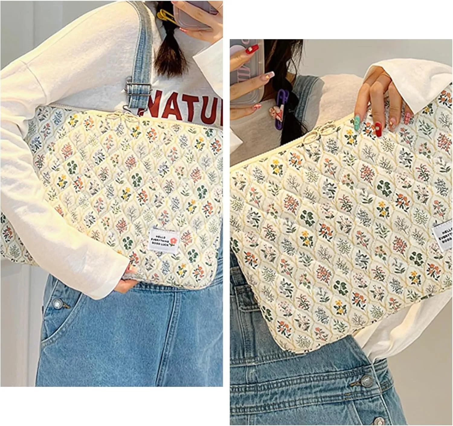 Puffy Laptop Sleeve Case Cute Computer Bag, 14 Inch Flower Printed Quilted Laptop Carrying Cases, Protective Floral Soft Padded Cover Accessories, Compatible with 14" Notebook