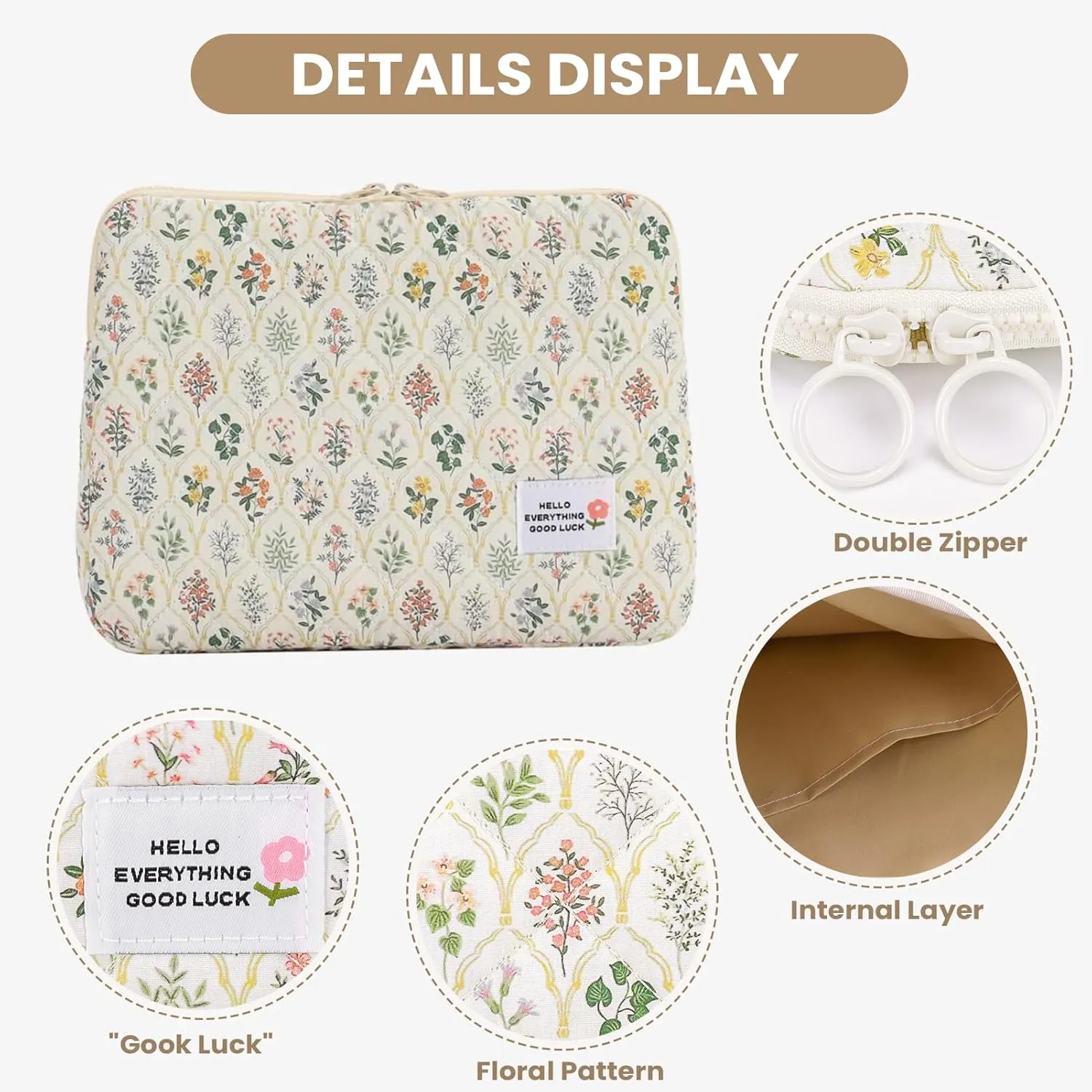 Puffy Laptop Sleeve Case Cute Computer Bag, 14 Inch Flower Printed Quilted Laptop Carrying Cases, Protective Floral Soft Padded Cover Accessories, Compatible with 14" Notebook