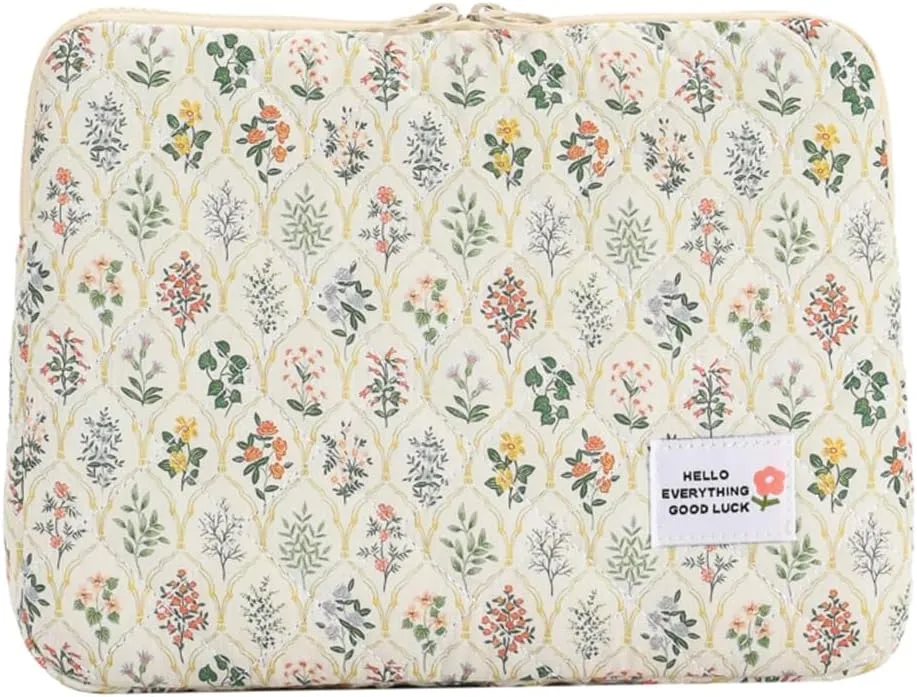 Puffy Laptop Sleeve Case Cute Computer Bag, 14 Inch Flower Printed Quilted Laptop Carrying Cases, Protective Floral Soft Padded Cover Accessories, Compatible with 14" Notebook