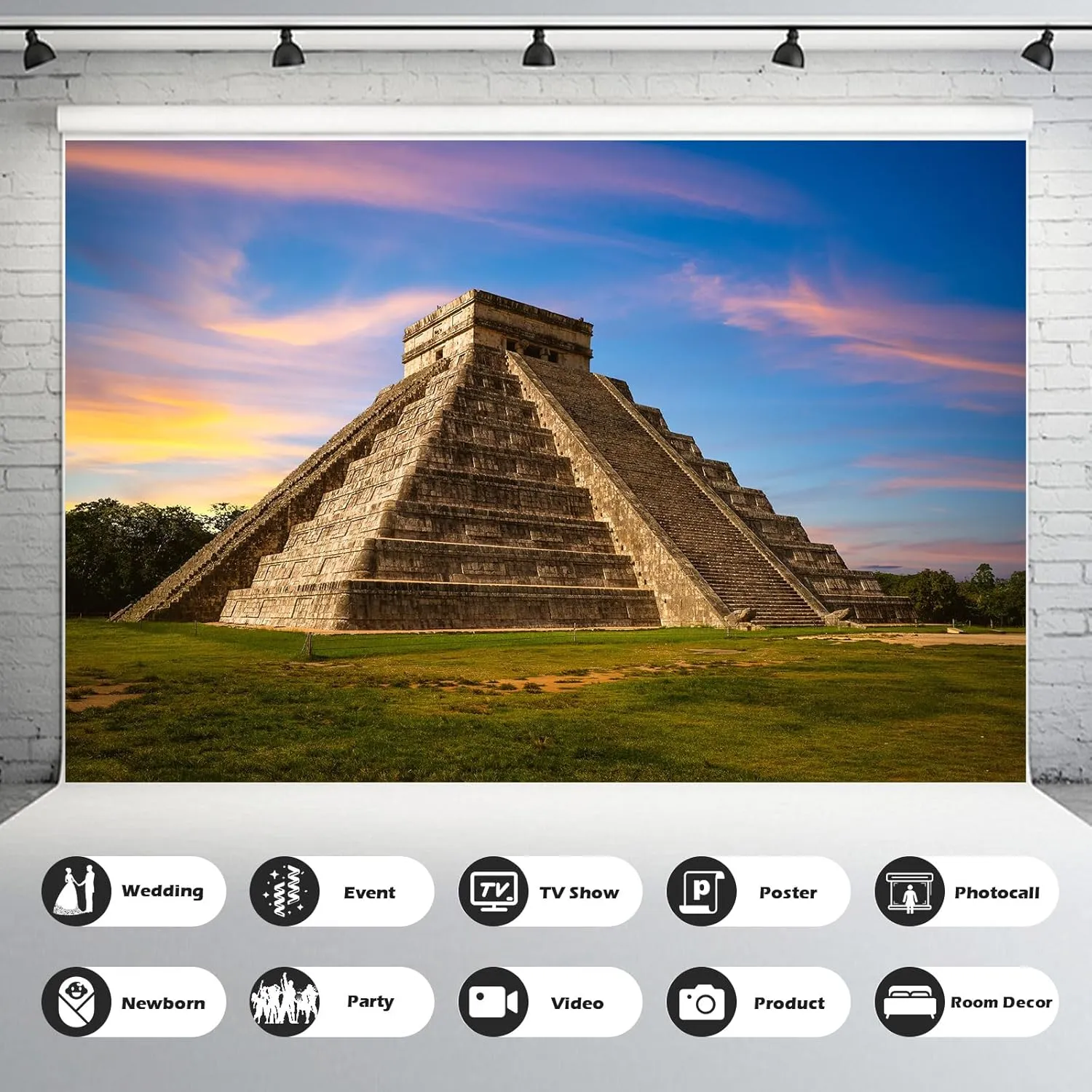 Pyramid Backdrop Sunset Sunrise Ancient Mayan Ruins Photography Background View Wonder of The World Mexico Culture Historical Building Backdrop Maya Travel Background Decorations Props 7x5ft