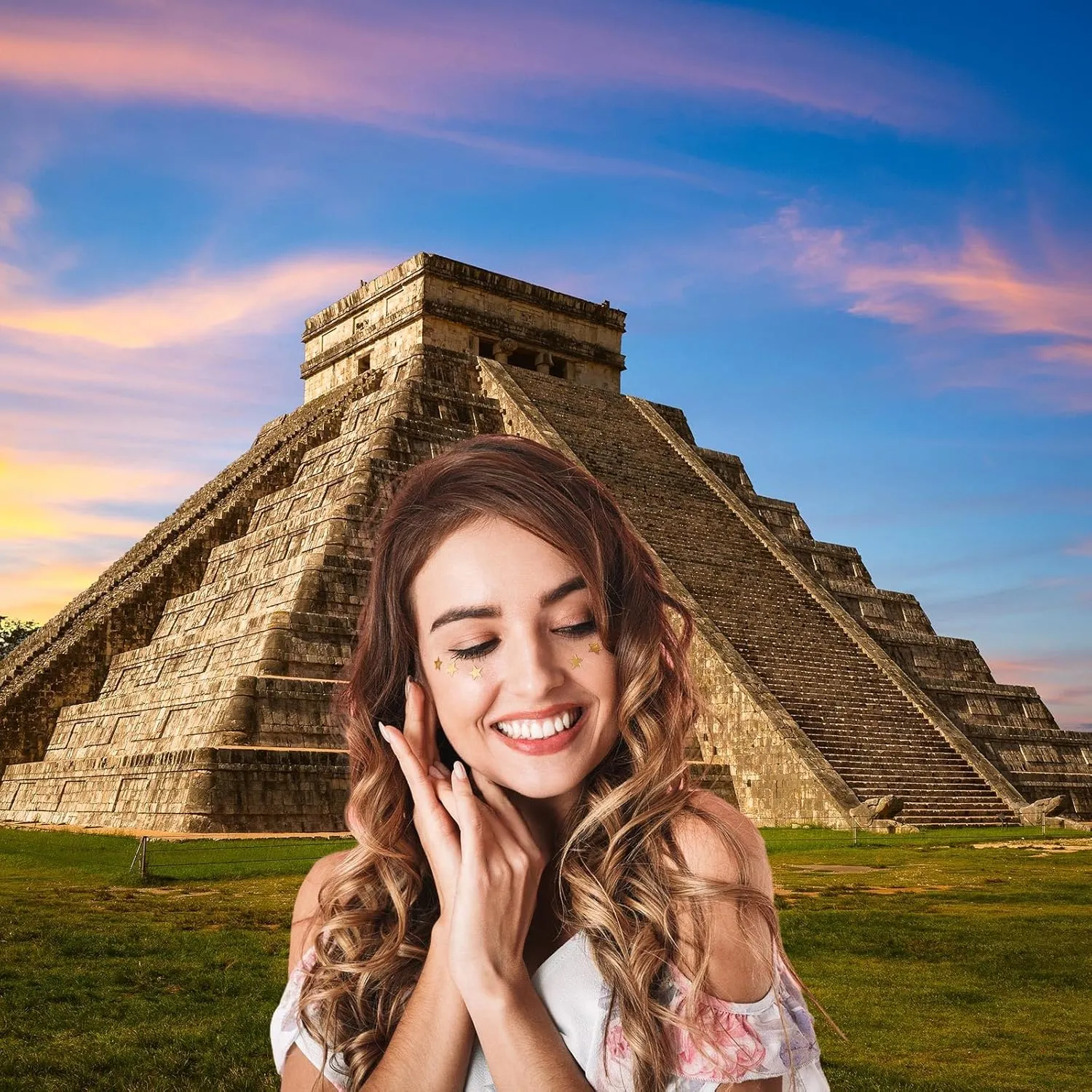 Pyramid Backdrop Sunset Sunrise Ancient Mayan Ruins Photography Background View Wonder of The World Mexico Culture Historical Building Backdrop Maya Travel Background Decorations Props 7x5ft