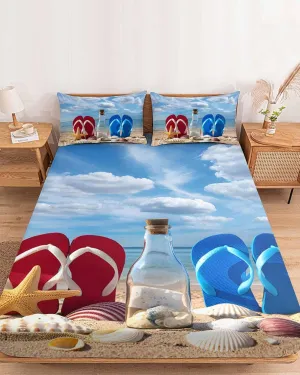 Queen Fitted Sheet, Blue Red Slippers Seaside Beach Soft Brushed Microfiber Deep Pocket Bed Sheets Set, Ocean Starfish Shell Breathable Bottom Sheets with Pillowcase,Fits Mattress Up to 16"