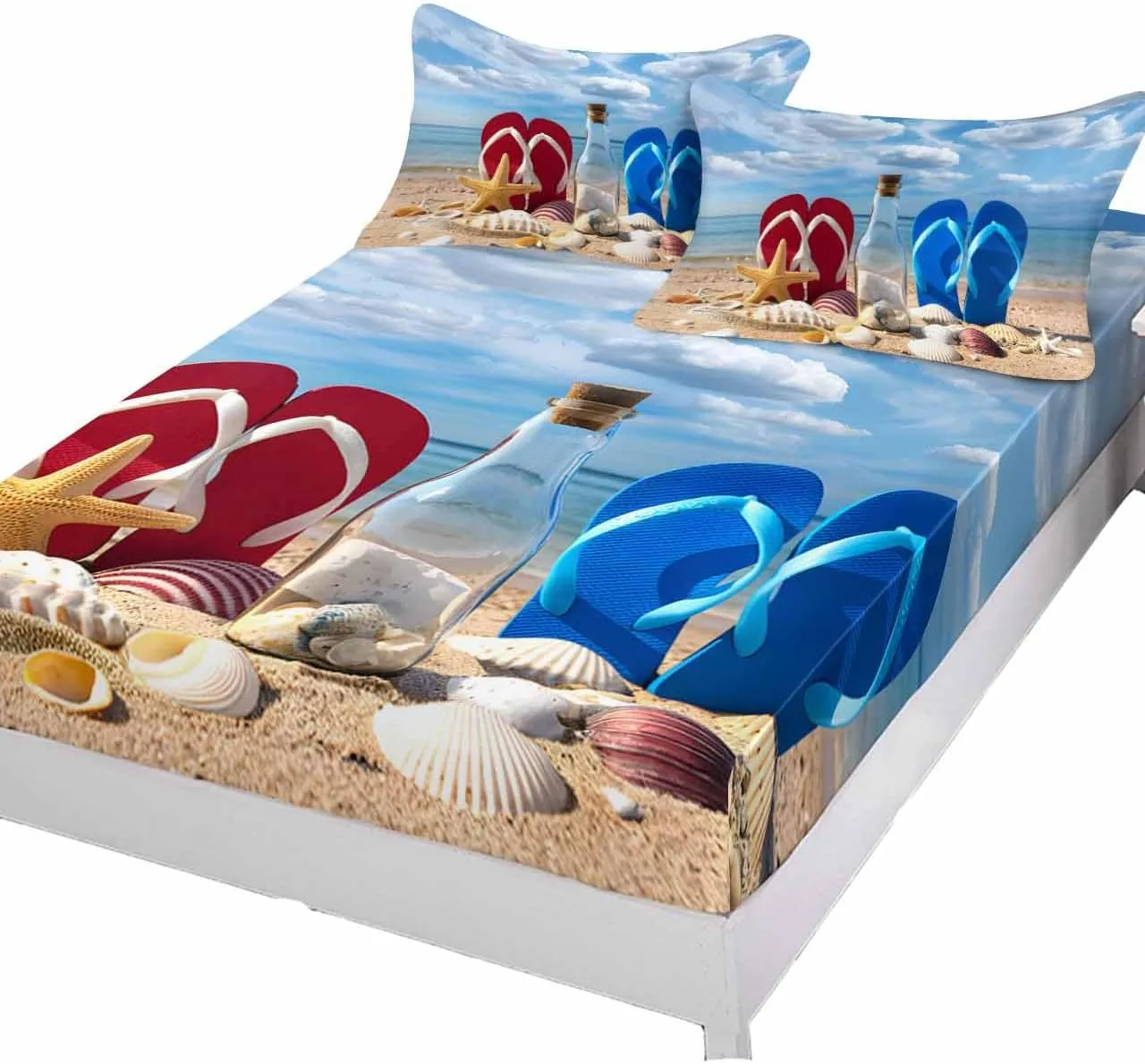Queen Fitted Sheet, Blue Red Slippers Seaside Beach Soft Brushed Microfiber Deep Pocket Bed Sheets Set, Ocean Starfish Shell Breathable Bottom Sheets with Pillowcase,Fits Mattress Up to 16"