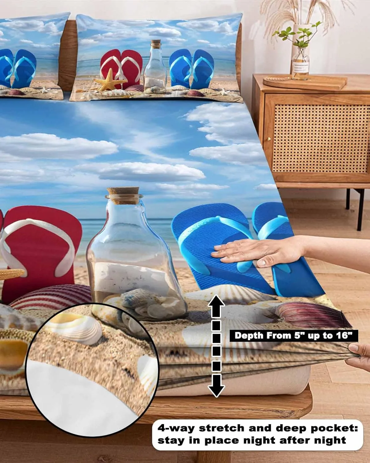 Queen Fitted Sheet, Blue Red Slippers Seaside Beach Soft Brushed Microfiber Deep Pocket Bed Sheets Set, Ocean Starfish Shell Breathable Bottom Sheets with Pillowcase,Fits Mattress Up to 16"