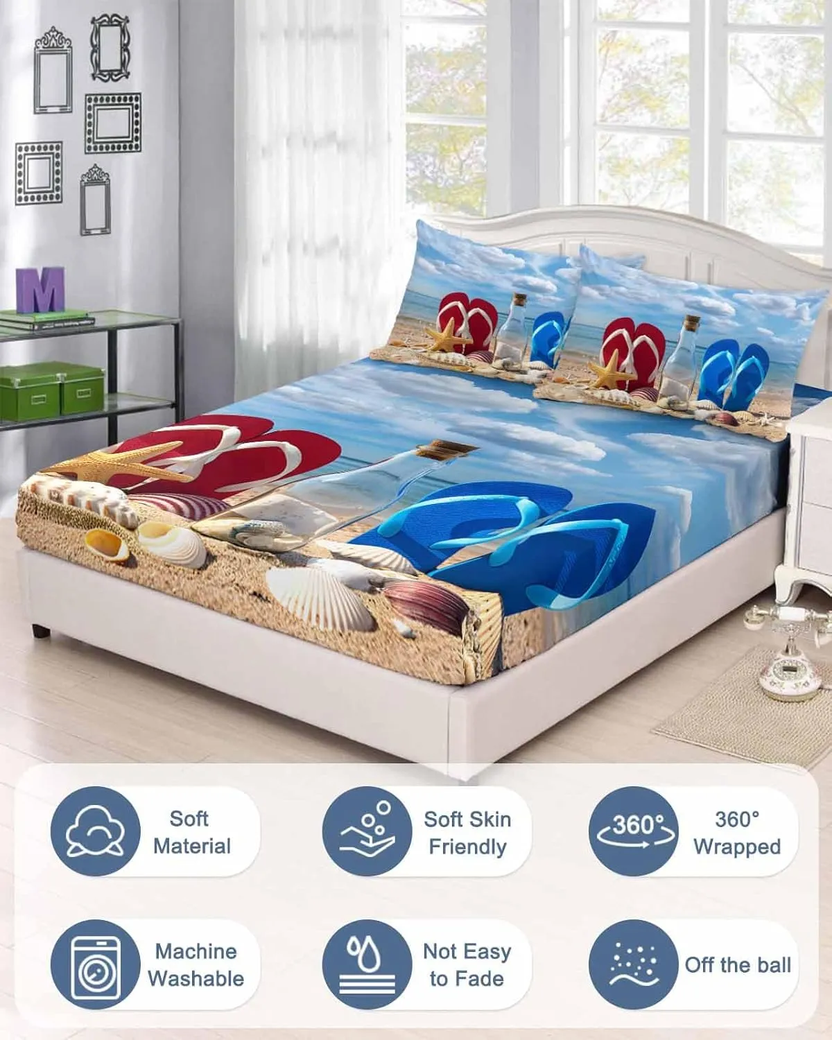 Queen Fitted Sheet, Blue Red Slippers Seaside Beach Soft Brushed Microfiber Deep Pocket Bed Sheets Set, Ocean Starfish Shell Breathable Bottom Sheets with Pillowcase,Fits Mattress Up to 16"