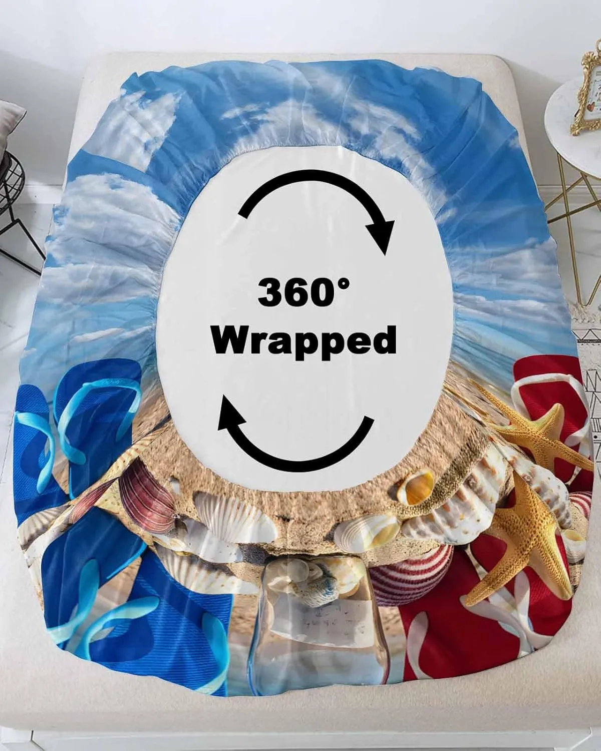 Queen Fitted Sheet, Blue Red Slippers Seaside Beach Soft Brushed Microfiber Deep Pocket Bed Sheets Set, Ocean Starfish Shell Breathable Bottom Sheets with Pillowcase,Fits Mattress Up to 16"