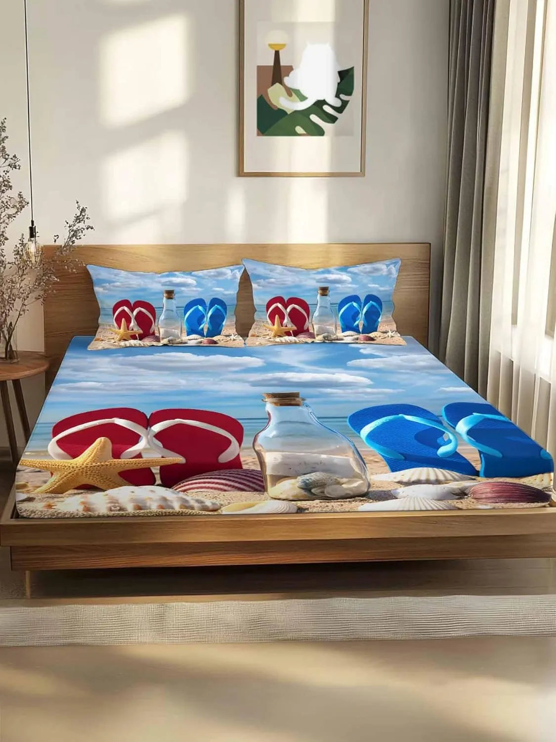Queen Fitted Sheet, Blue Red Slippers Seaside Beach Soft Brushed Microfiber Deep Pocket Bed Sheets Set, Ocean Starfish Shell Breathable Bottom Sheets with Pillowcase,Fits Mattress Up to 16"