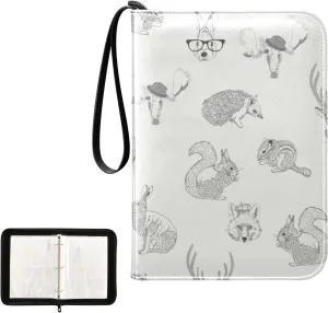Rabbit, Hare, Squirrel, Deer, Elk, Squirrel, Hedgehog, Fox, Bear PU Leather Card Storage Bag, with Zipper Waterproof 50 Pages 400 Slots Card Bag for Students Home School 15.74 x 9.64 inch